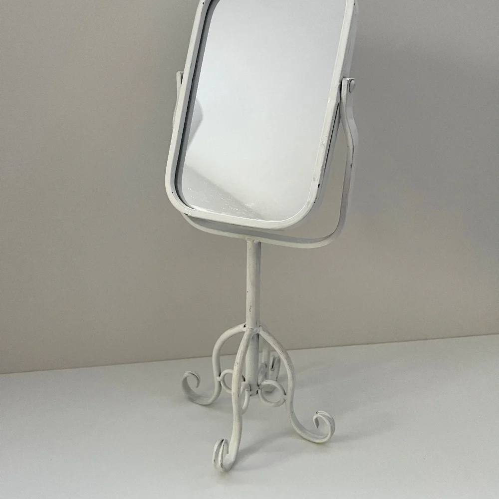 White Metal Tabletop Vanity Mirror With Adjustable Swivel Tilt & Scroll Base